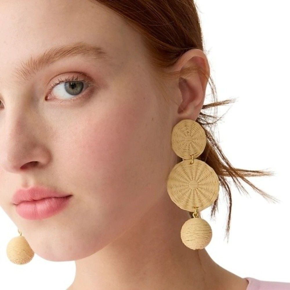 New! J. Crew Raffia Straw Bohemian Tripe Drop Natural Earrings - Picture 2 of 7